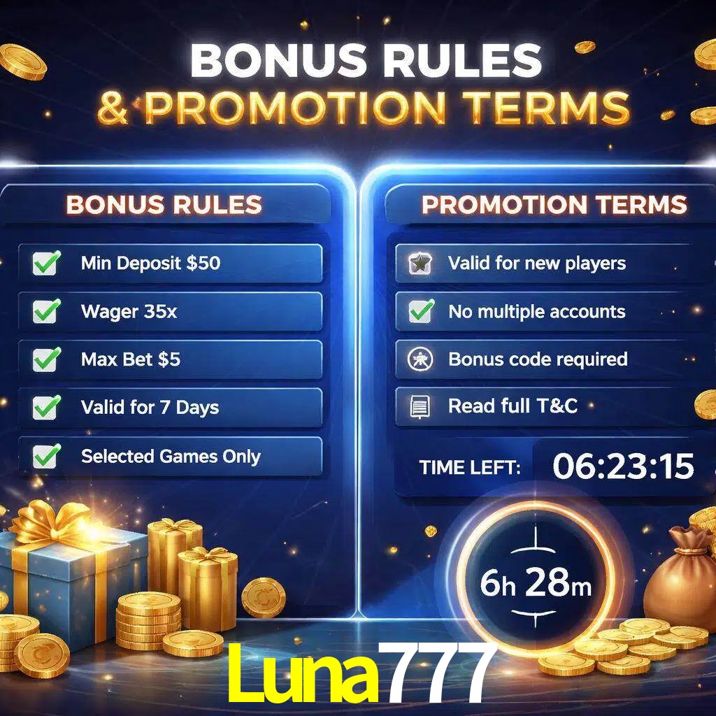 Reglas de promoción Luna777 y condiciones de bonos explicadas visualmente