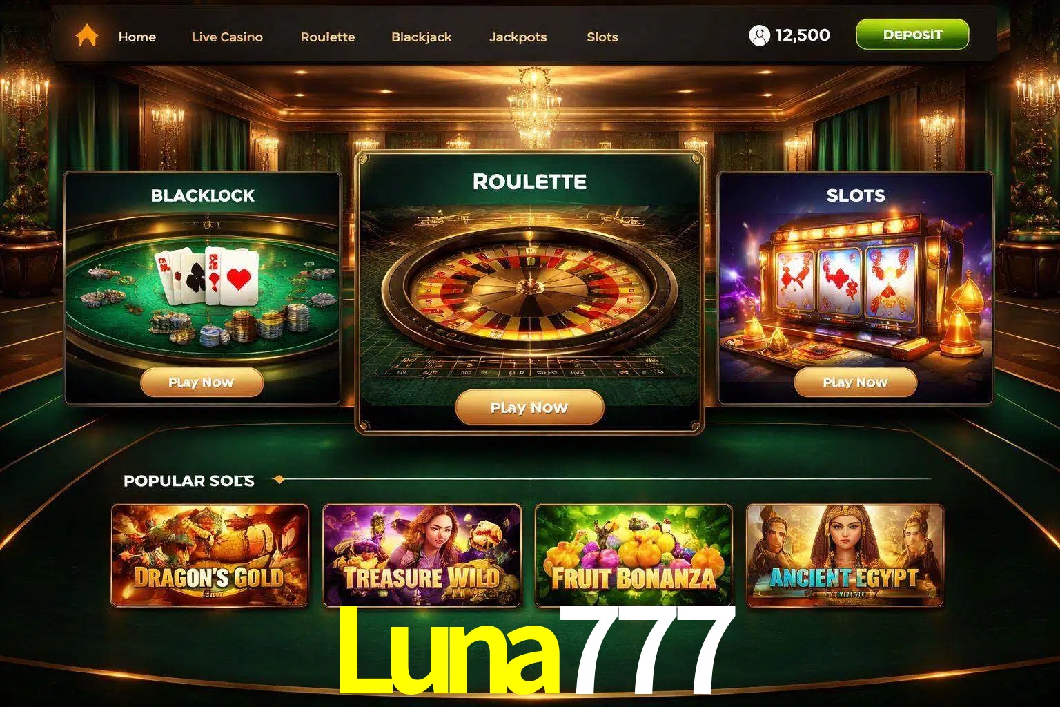 Vista de la plataforma Luna777 Casino mostrando categorías organizadas de juegos en línea