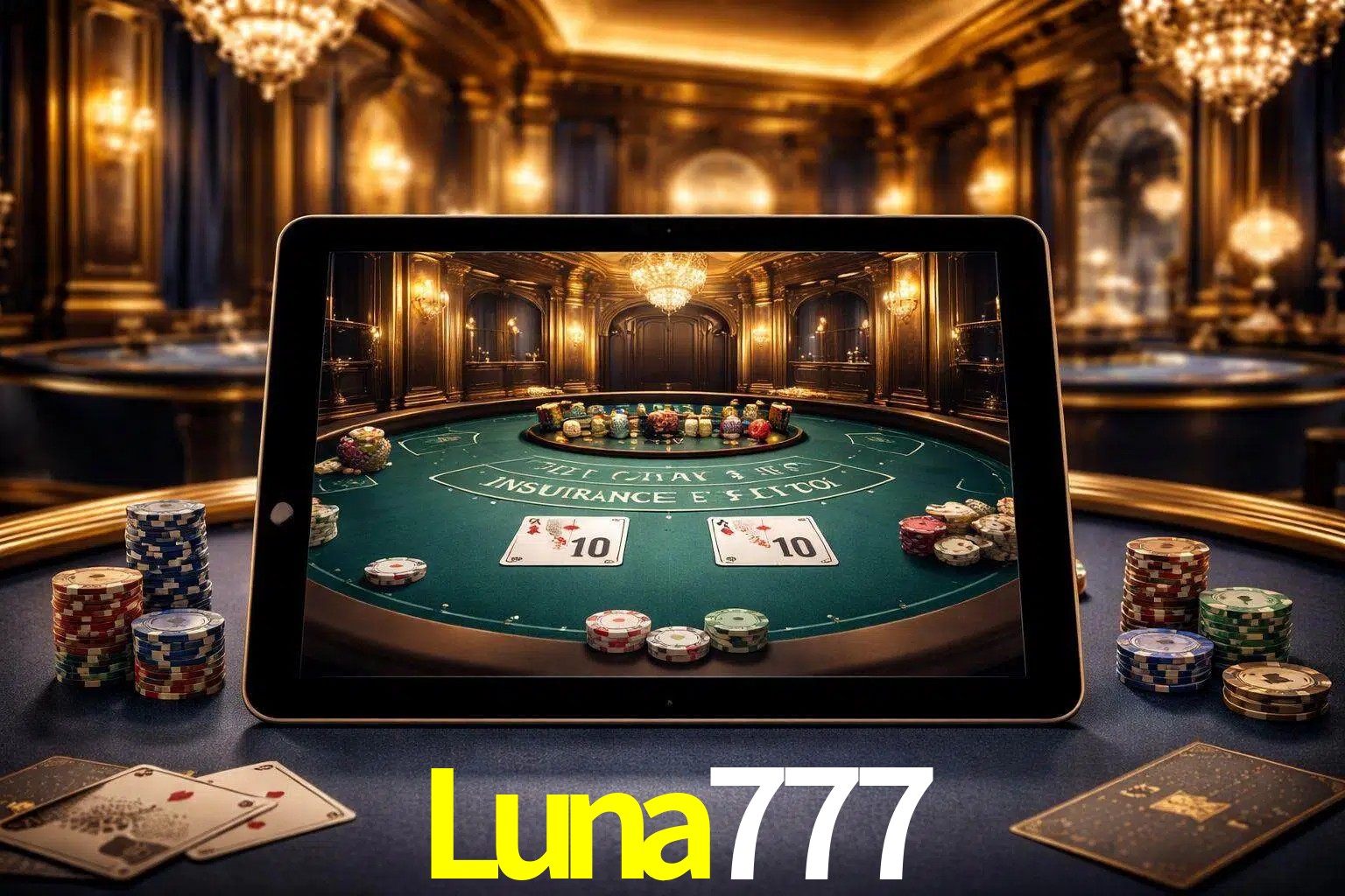 Configuración moderna de casino en vivo con una tableta mostrando una mesa de blackjack, luces cálidas de estudio y una atmósfera elegante de juegos digitales.