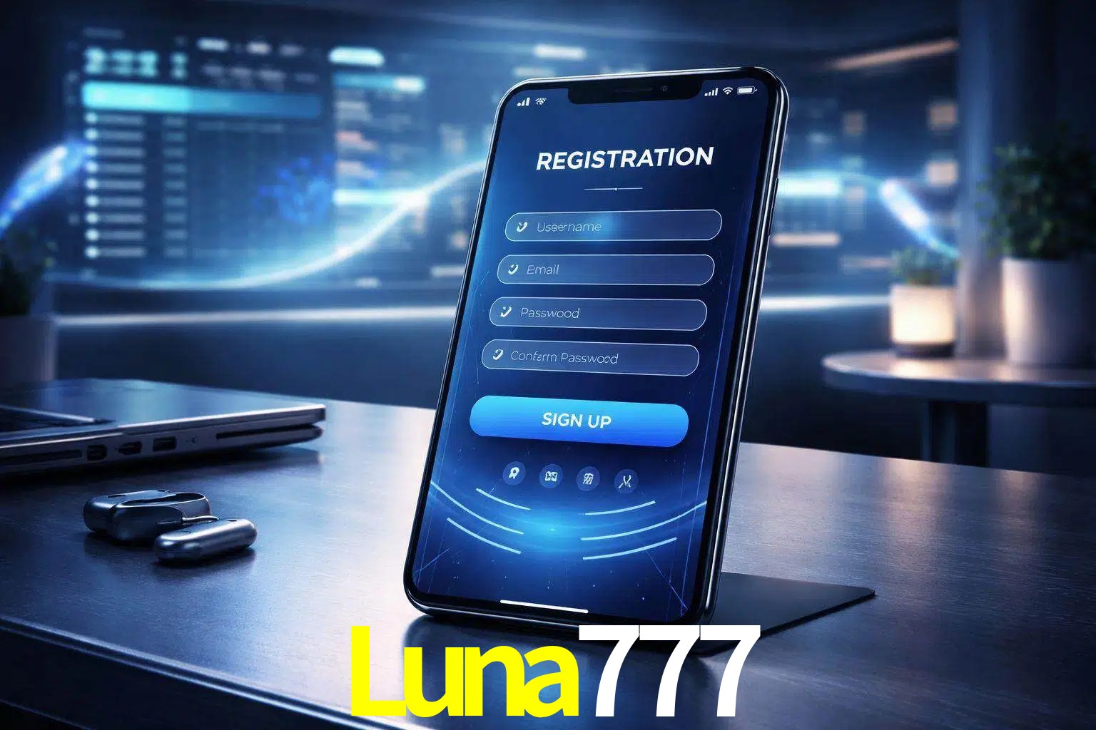 Una interfaz moderna de registro móvil para Luna777 mostrada en un smartphone con un panel de apuestas elegante.